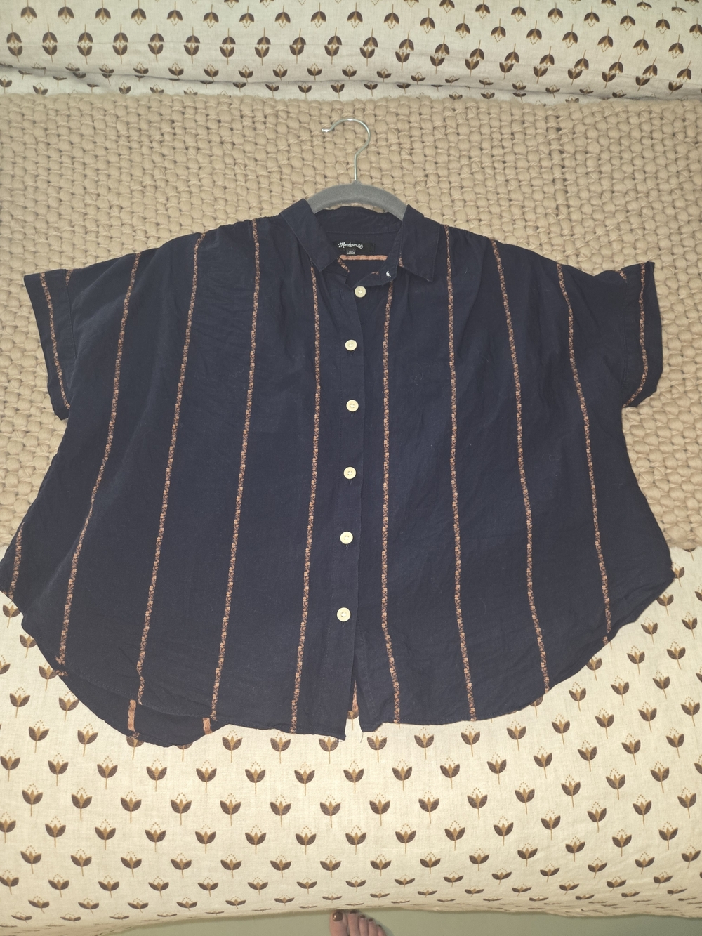 Madewell Navy Button-Front Top with Rust Stripes